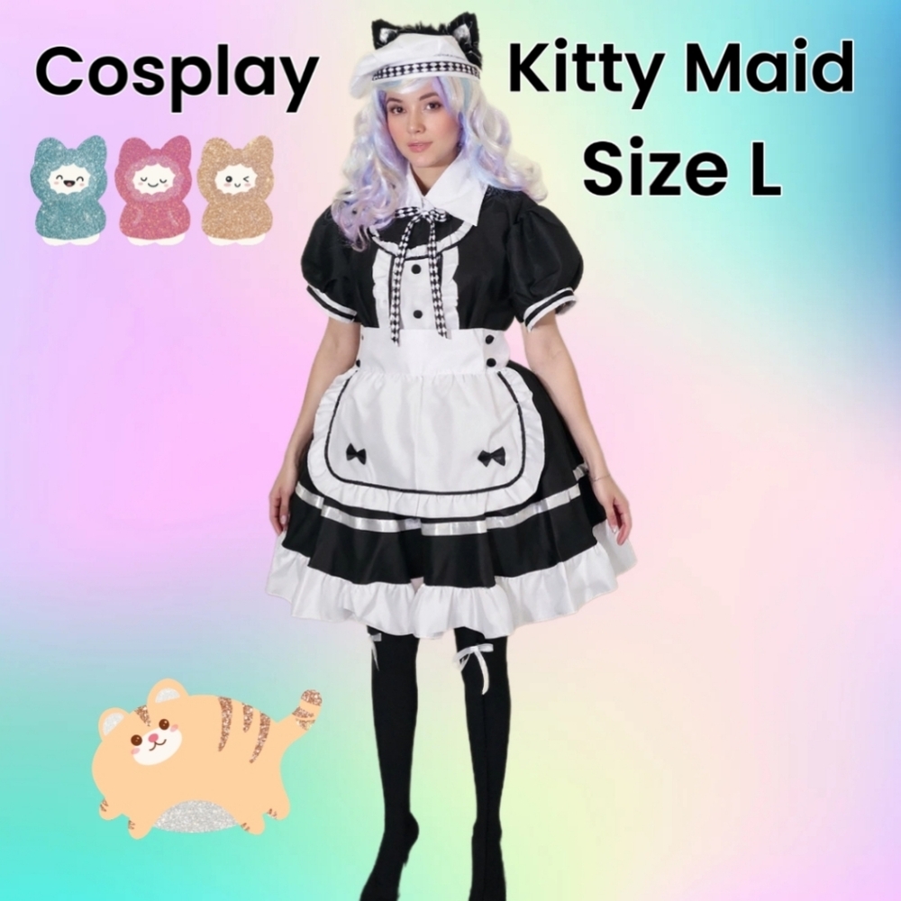 Neko Maid Costume Anime Kitty Complete Costume |Wig |Stockings| Crinoline Size L